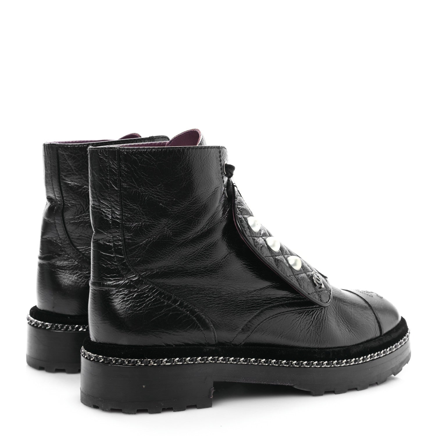 Chanel Crackled Calfskin Velvet Pearl Combat Short Boots 38.5 Black 4 of 9