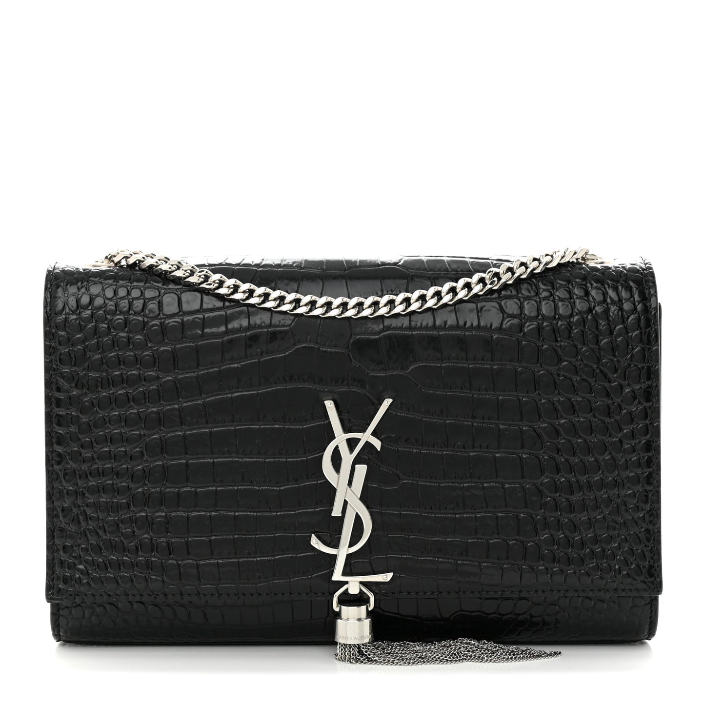 Calfskin Crocodile Embossed Medium Classic Monogram Kate Tassel Satchel Black