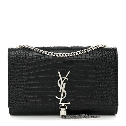 Saint Laurent Calfskin Crocodile Embossed Medium Classic Monogram Kate Tassel Satchel Black 1 of 11