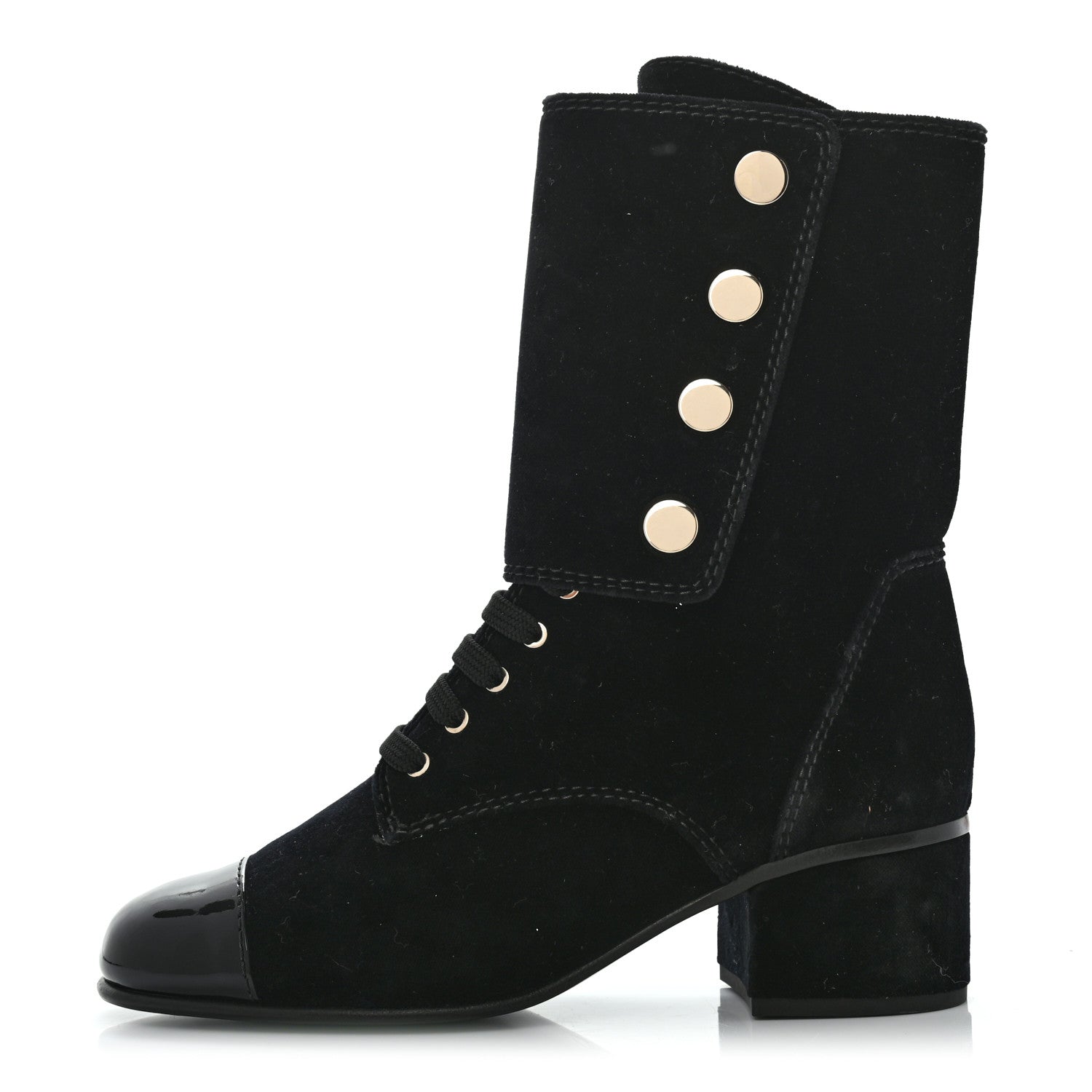 Chanel Velvet Patent Cap Toe CC Lace Up Boots 38.5 Black 1 of 10