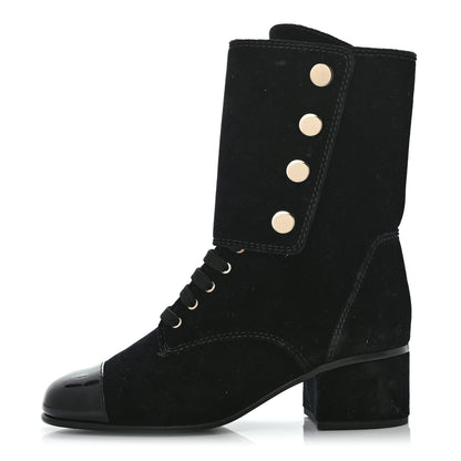 Chanel Velvet Patent Cap Toe CC Lace Up Boots 38.5 Black 1 of 10