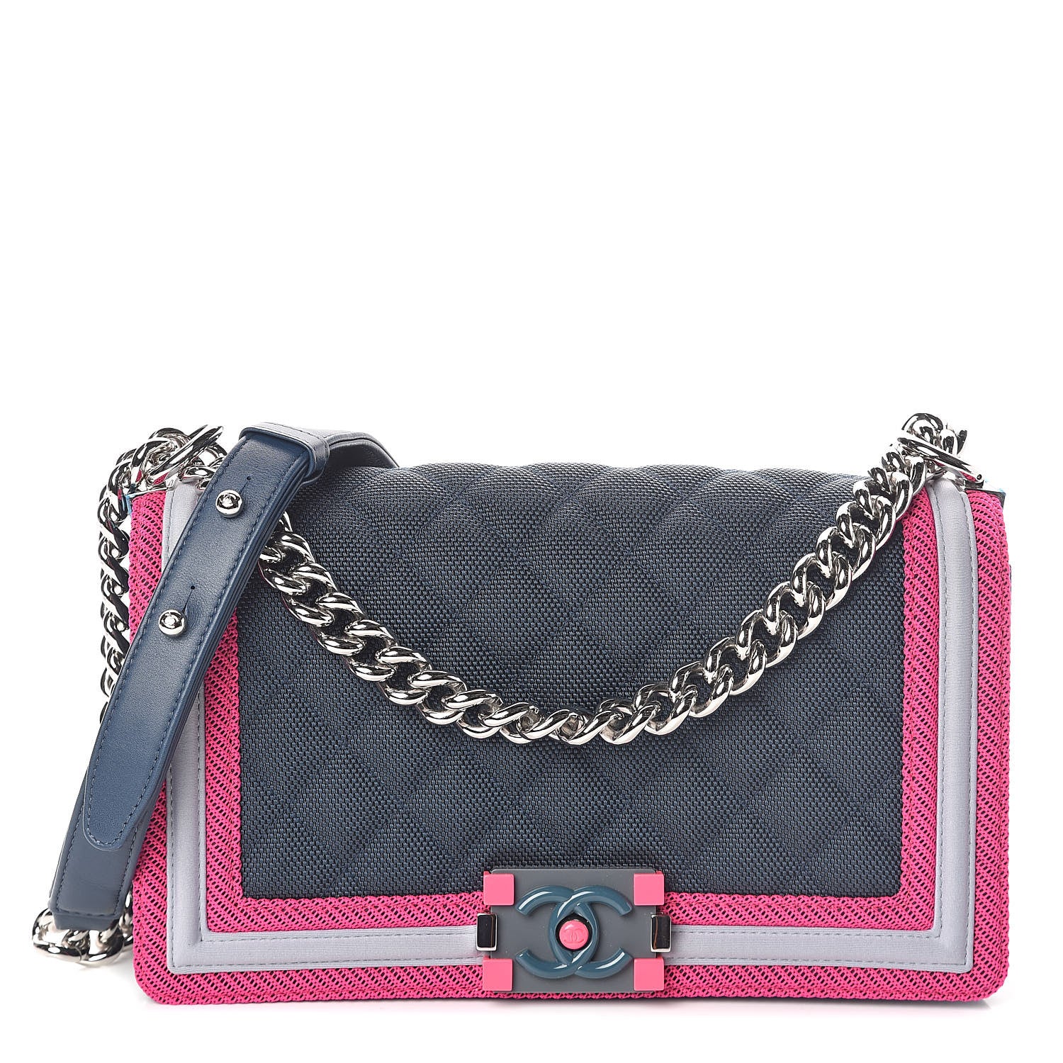 Chanel Canvas Quilted Medium Fluo Boy Flap Dark Navy Fuchsia Grey 1 of 10