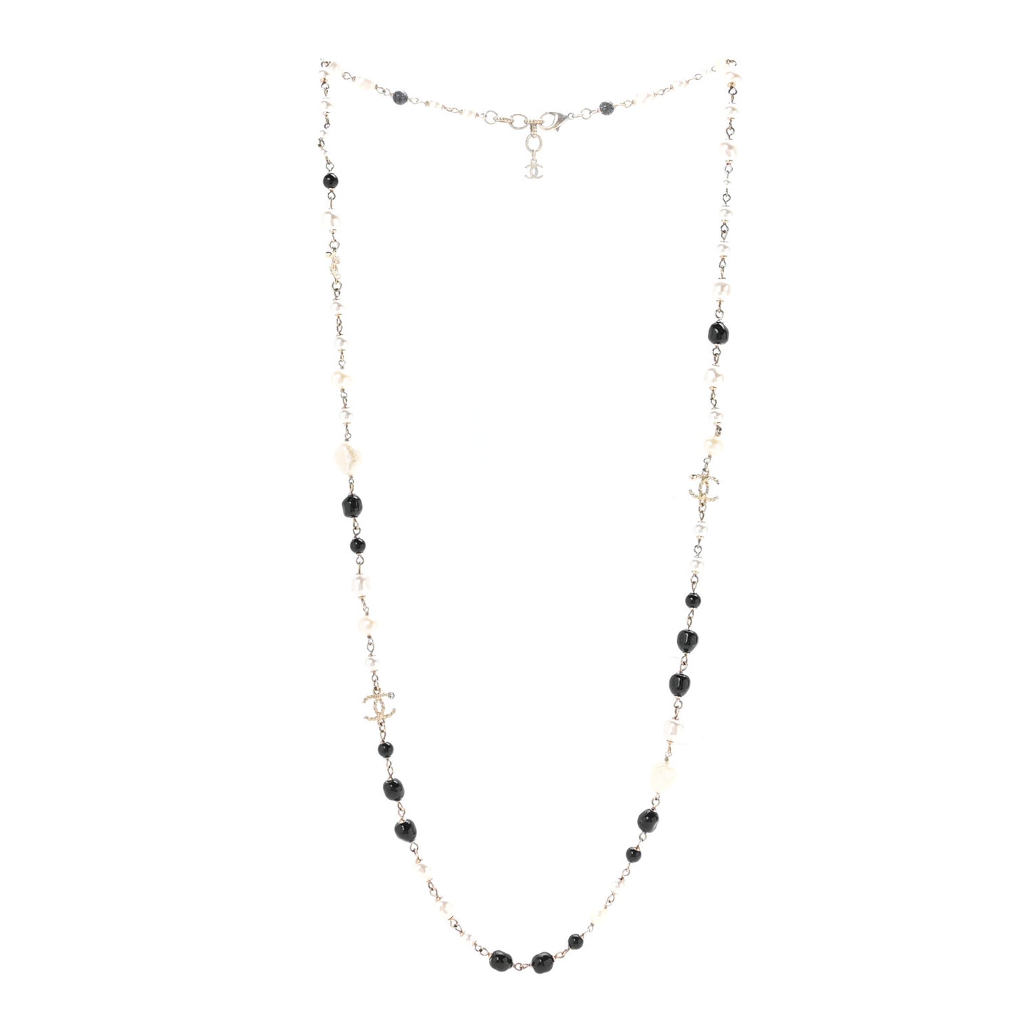 Pearl Beaded Crystal CC Long Necklace Gold Black White