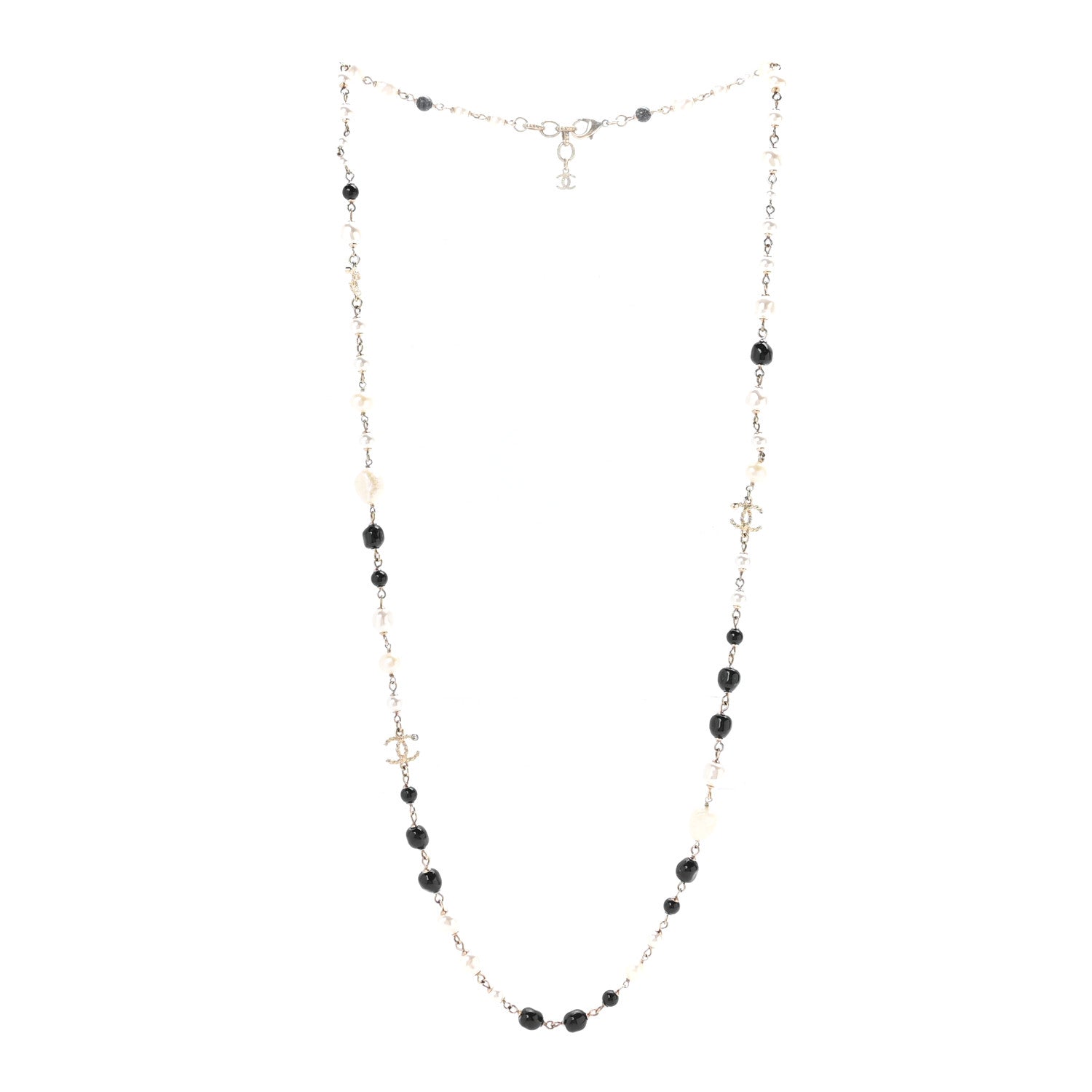 Chanel Pearl Beaded Crystal CC Long Necklace Gold Black White 3 of 6