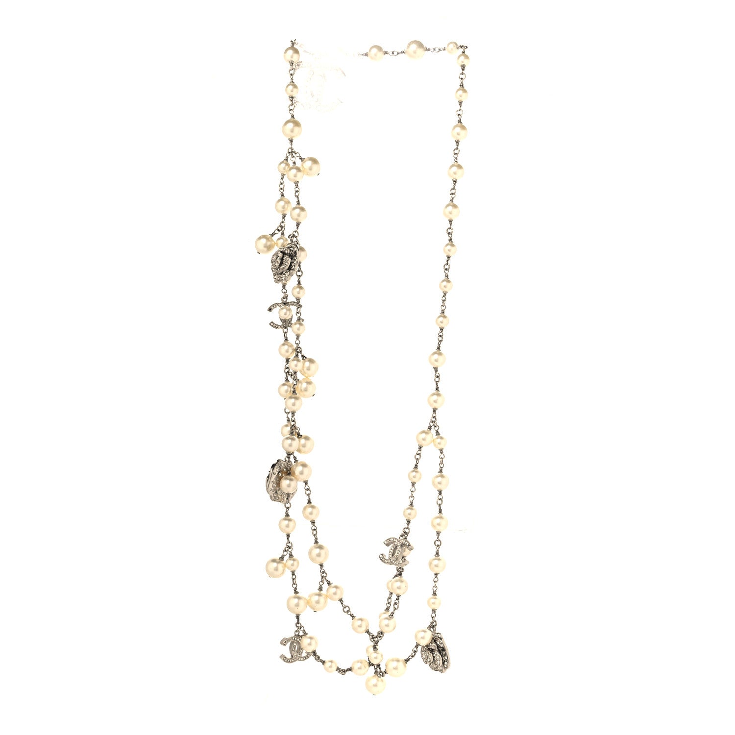 Chanel Crystal Pearl Camellia CC Long Necklace Silver Pearly White 3 of 4