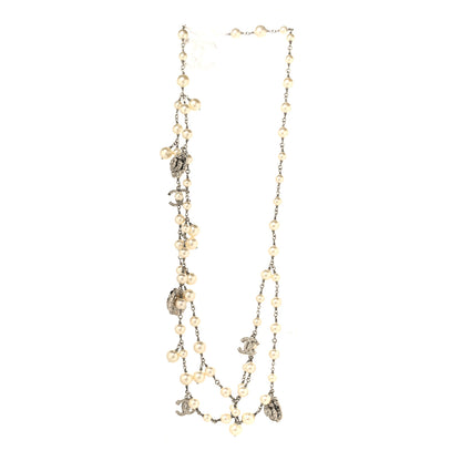 Chanel Crystal Pearl Camellia CC Long Necklace Silver Pearly White 3 of 4