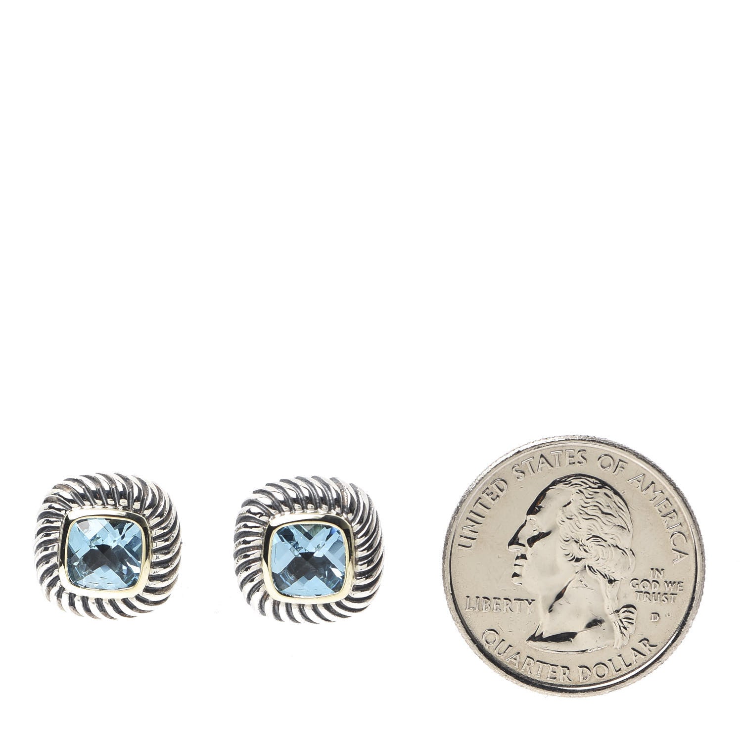 David Yurman Sterling Silver 14K Yellow Gold Blue Topaz 7mm Albion Earrings 2 of 4