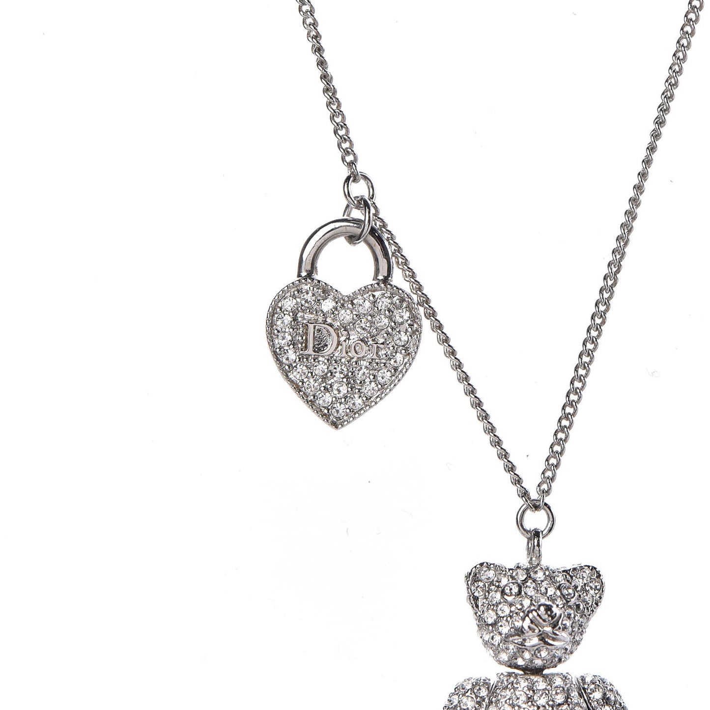 Crystal Teddy Bear Heart Necklace Silver