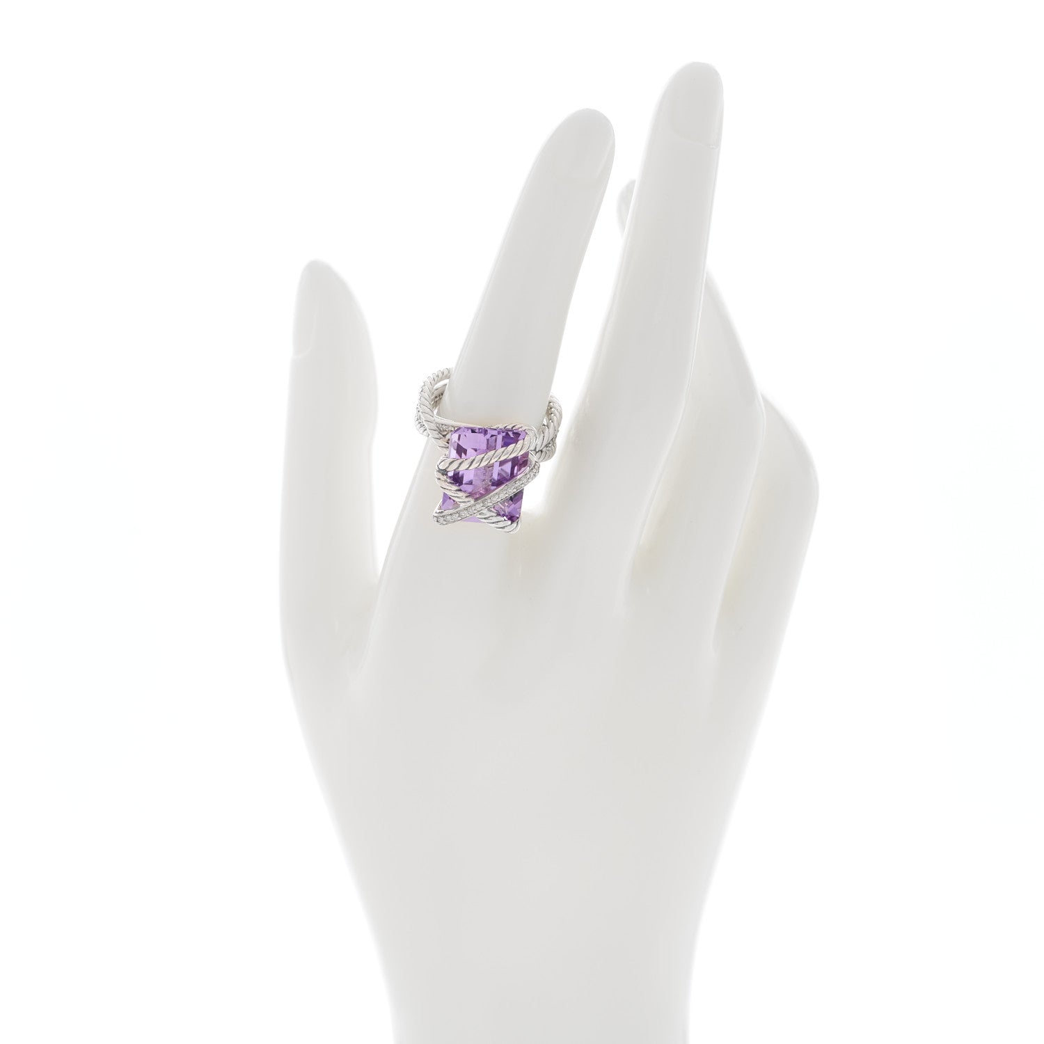 David Yurman Sterling Silver Diamond Amethyst 16mm Cable Wrap Ring 55 7.25 2 of 4