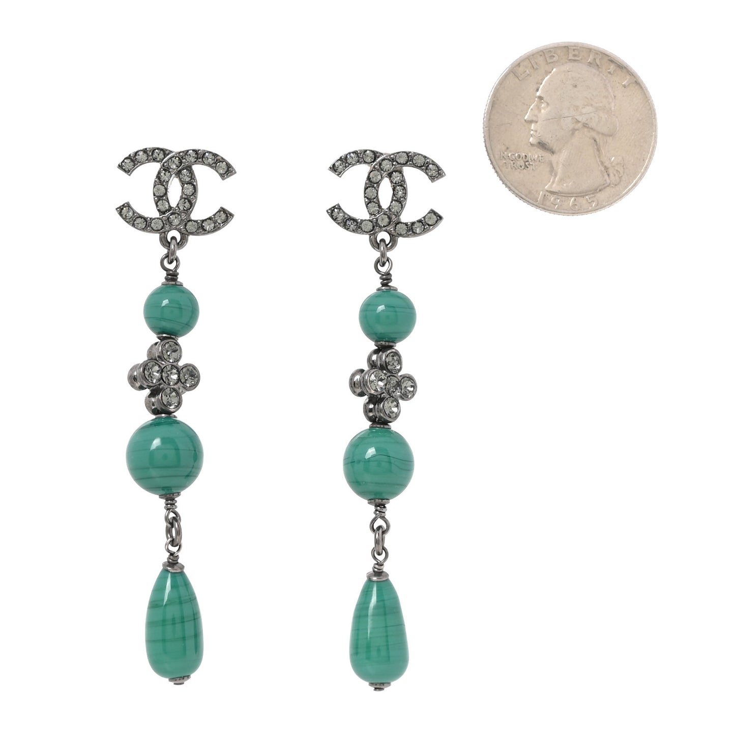 Ruthenium Crystal Bead CC Dangle Earrings Green Grey