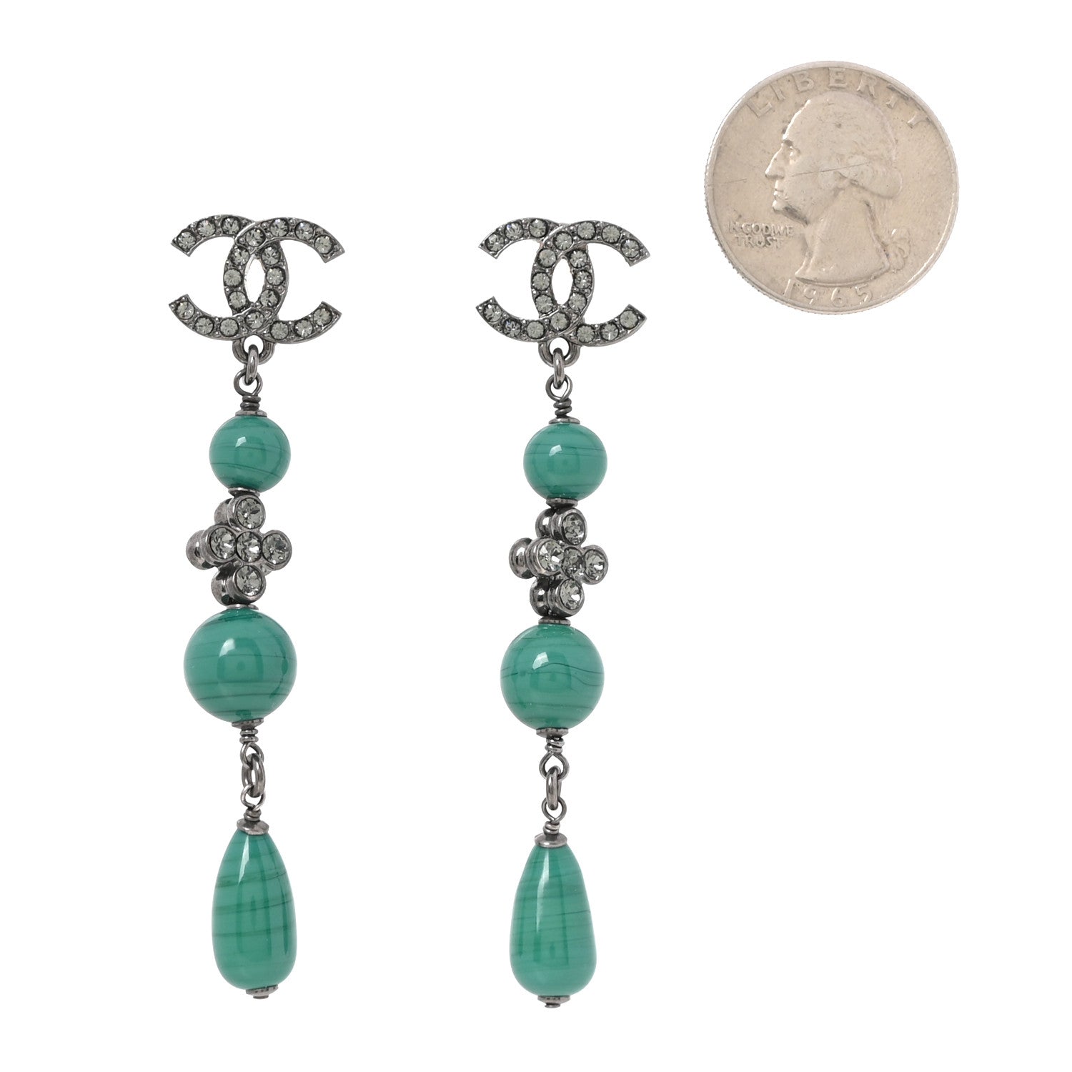Chanel Ruthenium Crystal Bead CC Dangle Earrings Green Grey 2 of 5