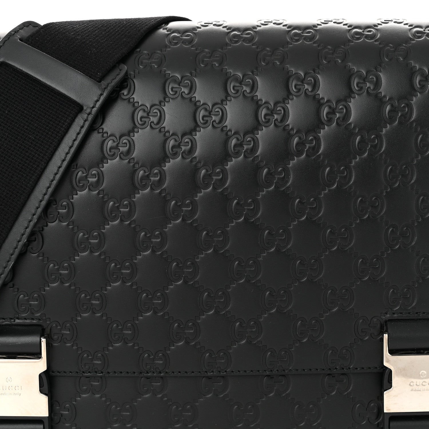 Gucci Guccissima Signature Medium Double Buckle Flap Messenger Bag Black 8 of 11