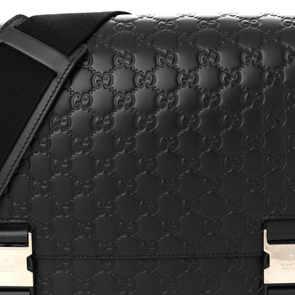 Gucci Guccissima Signature Medium Double Buckle Flap Messenger Bag Black 8 of 11