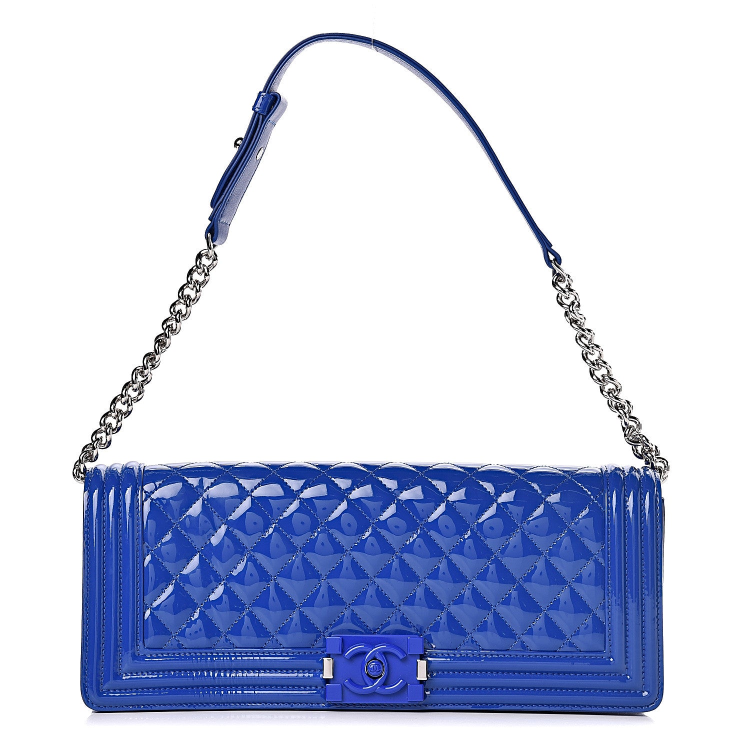 Chanel Patent Calfskin Quilted Plexiglass Boy Clutch With Removable Chain Blue 1 of 14