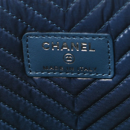 Chanel Calfskin Painted Chevron Embossed Large Boy Zip Pouch Green Navy 6 of 10