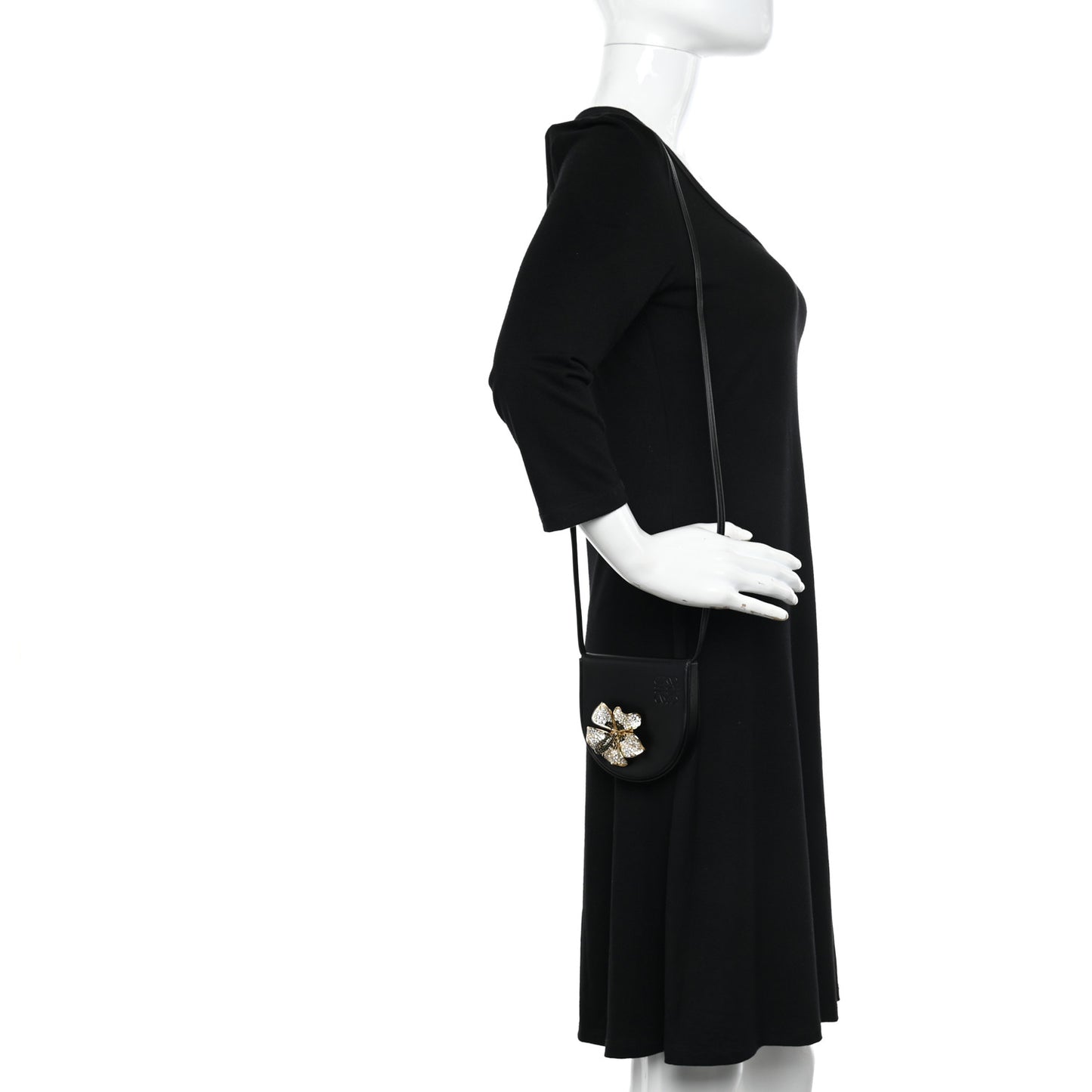 Calfskin Crystal Flower Mini Heel Pouch Black