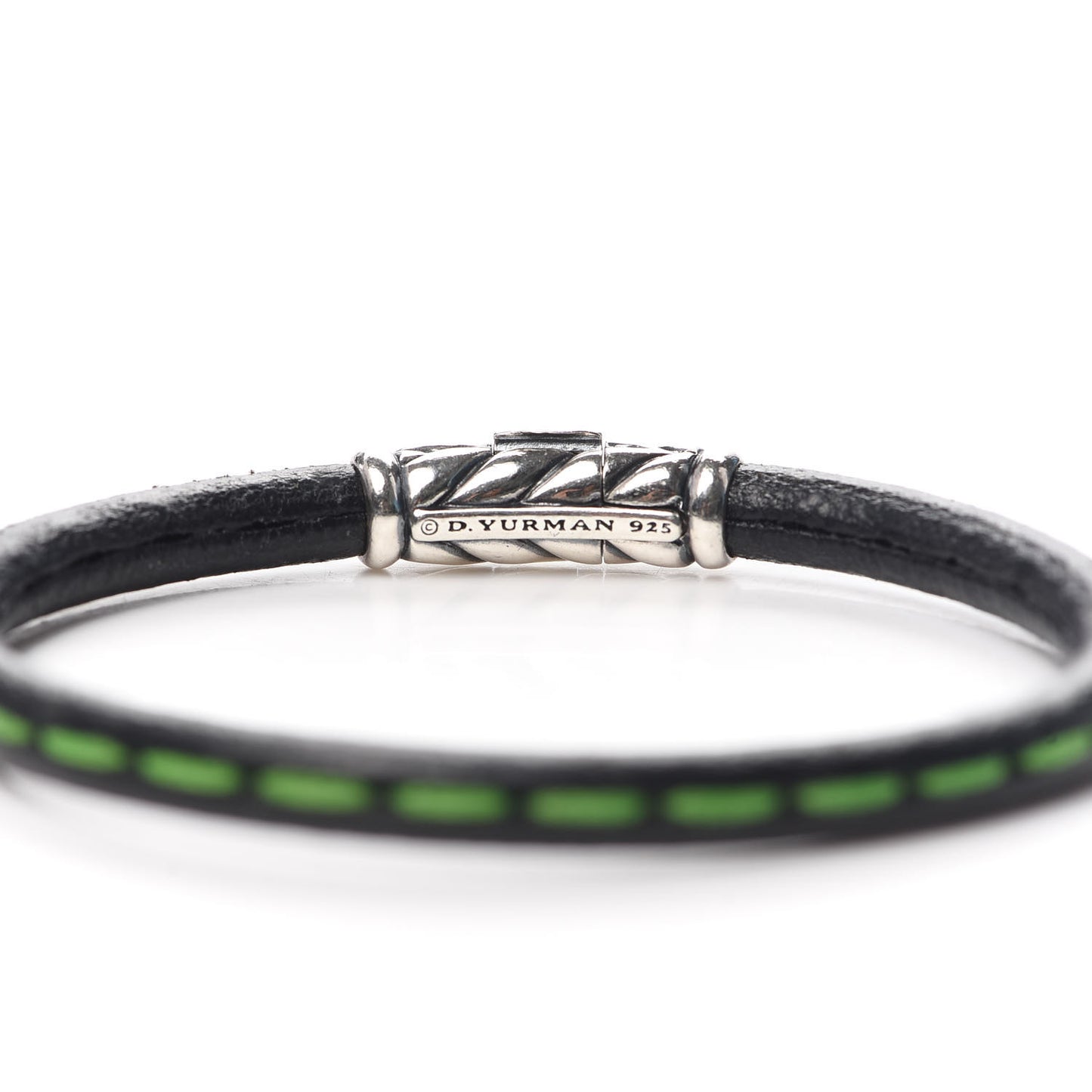 Sterling Silver Black Leather Chevron Green Stitch Mens Bracelet