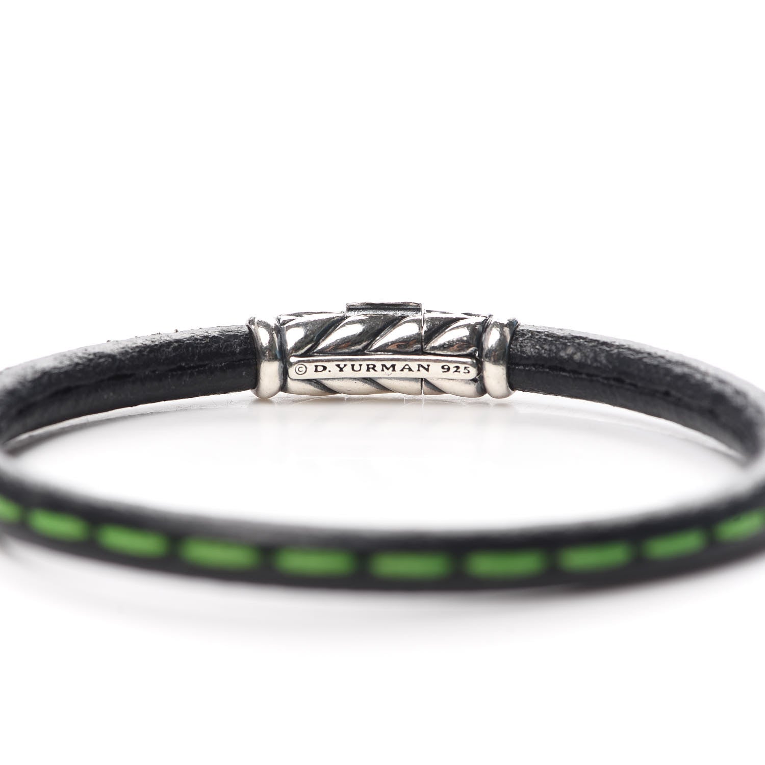 David Yurman Sterling Silver Black Leather Chevron Green Stitch Mens Bracelet 4 of 5