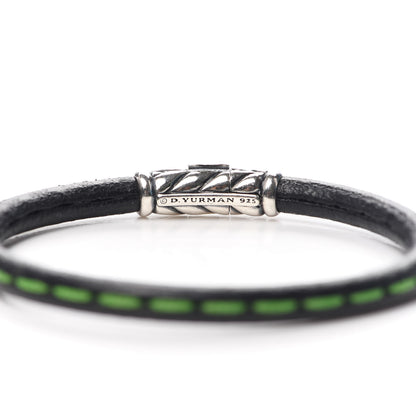David Yurman Sterling Silver Black Leather Chevron Green Stitch Mens Bracelet 4 of 5