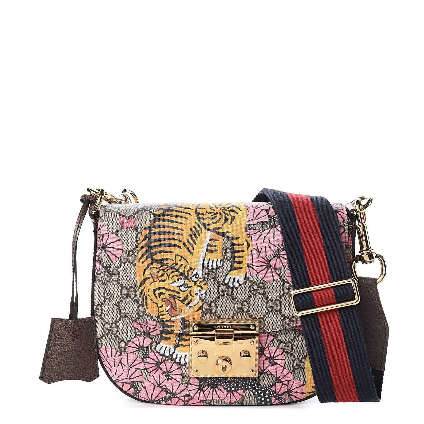 GG Supreme Monogram Bengal Web Medium Padlock Messenger Shoulder Bag Beige Pink