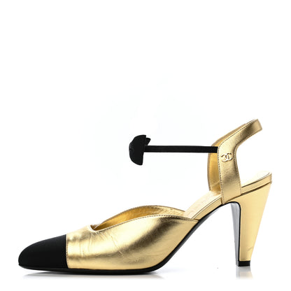 Chanel Laminated Lambskin Grosgrain Cap Toe CC Pumps 39 Gold Black 1 of 4