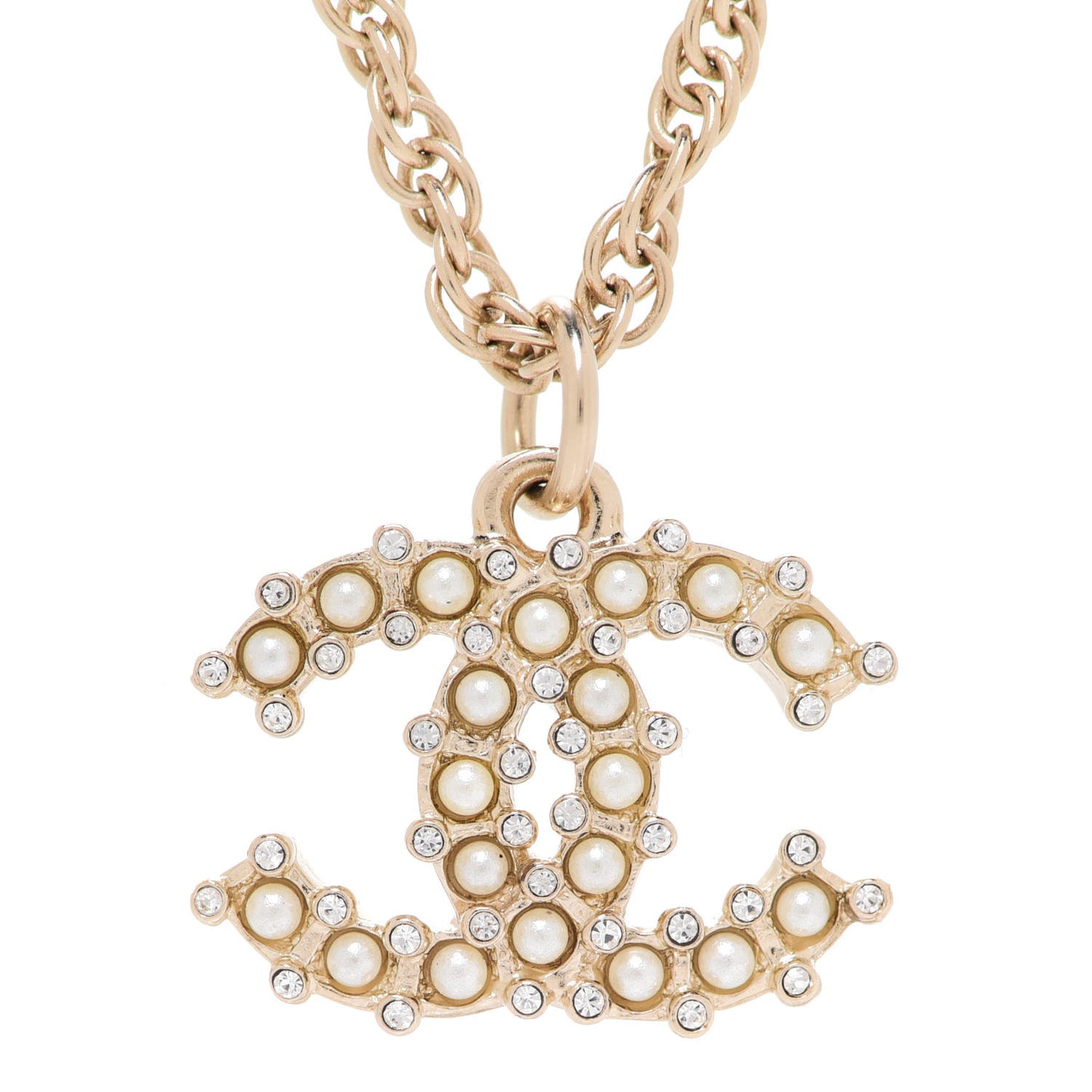 Crystal Pearl CC Pendant Necklace Gold