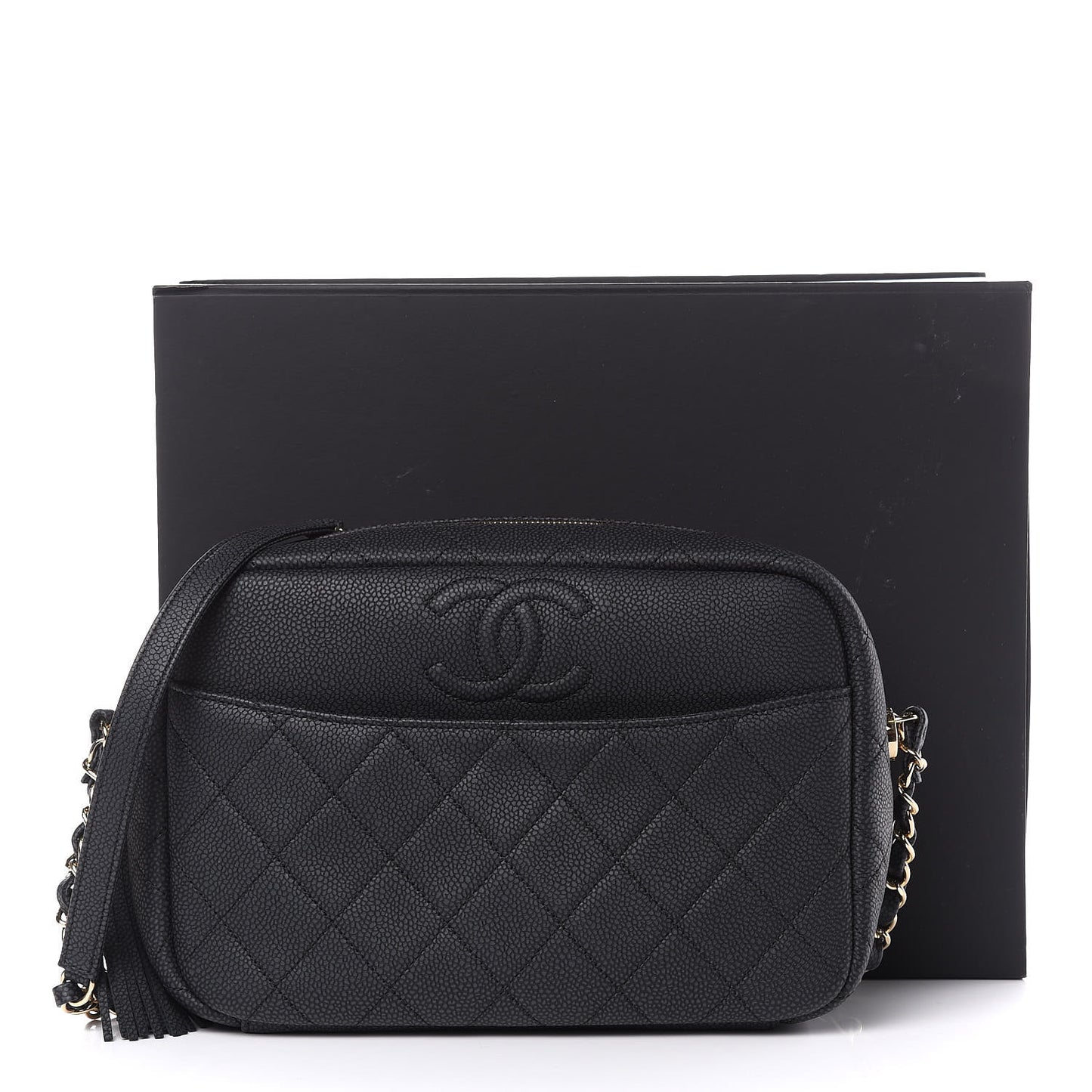 Caviar Quilted Medium Coco Tassel Camera Case Black