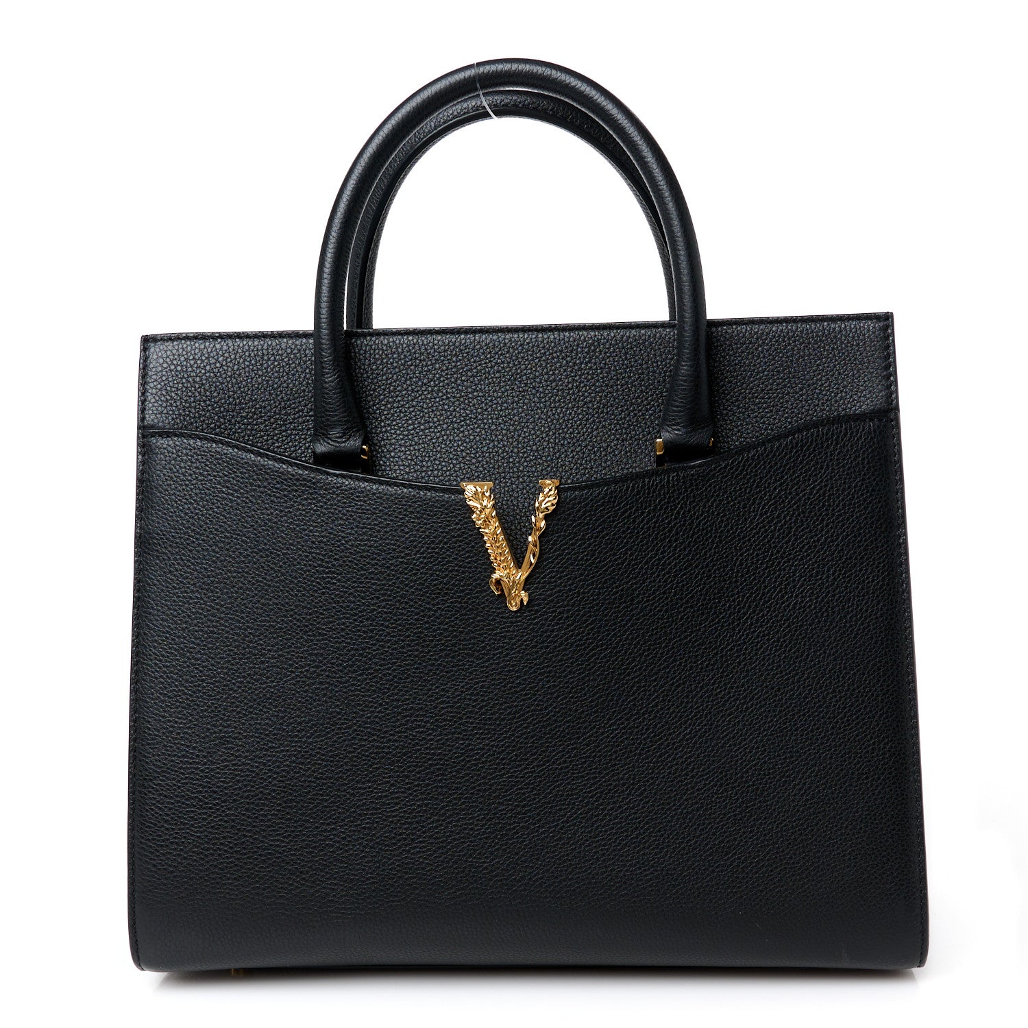 Versace Grained Calfskin Large Virtus Top Handle Shoulder Bag Black 1 of 11