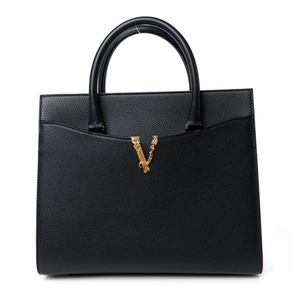 Versace Grained Calfskin Large Virtus Top Handle Shoulder Bag Black 1 of 11
