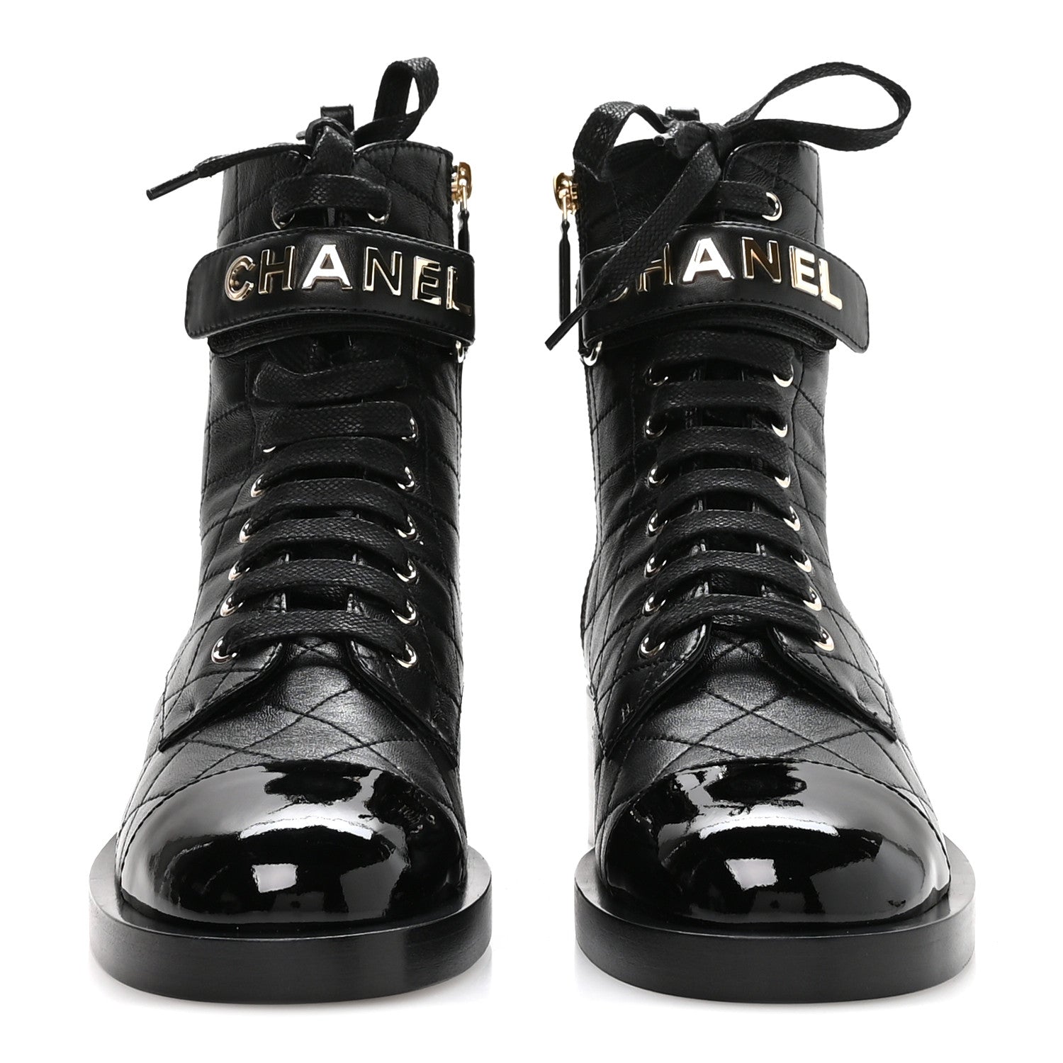 Chanel Lambskin Patent Calfskin Quilted Logo Lace Up Combat Boots 39.5 Black 3 of 9