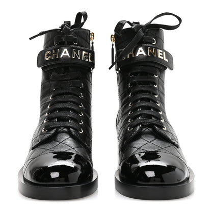 Chanel Lambskin Patent Calfskin Quilted Logo Lace Up Combat Boots 39.5 Black 3 of 9