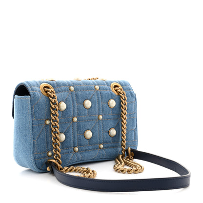 Gucci Denim Matelasse Pearl Studded Mini GG Marmont Shoulder Bag Blue 3 of 10