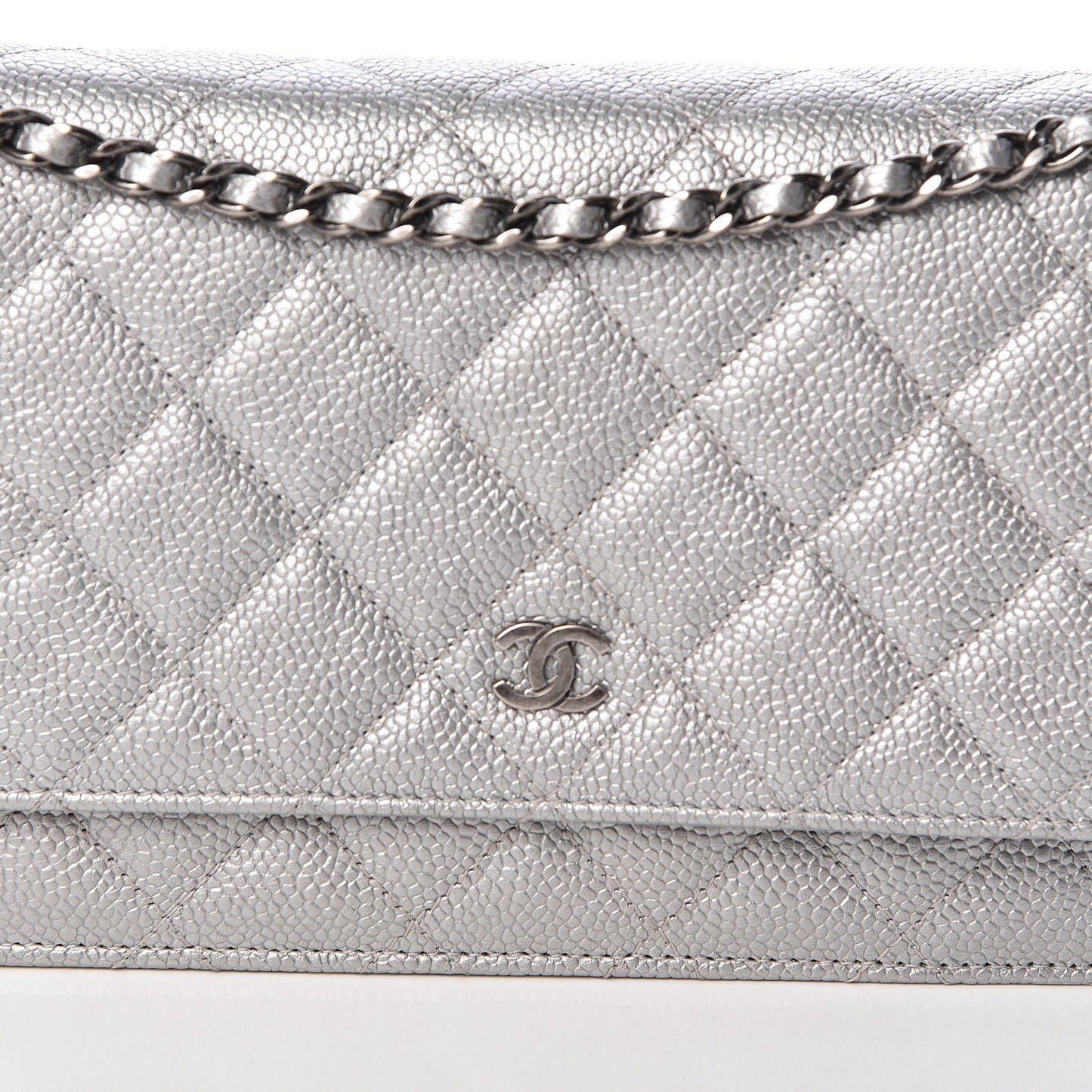 Metallic Caviar Quilted Wallet on Chain WOC Silver