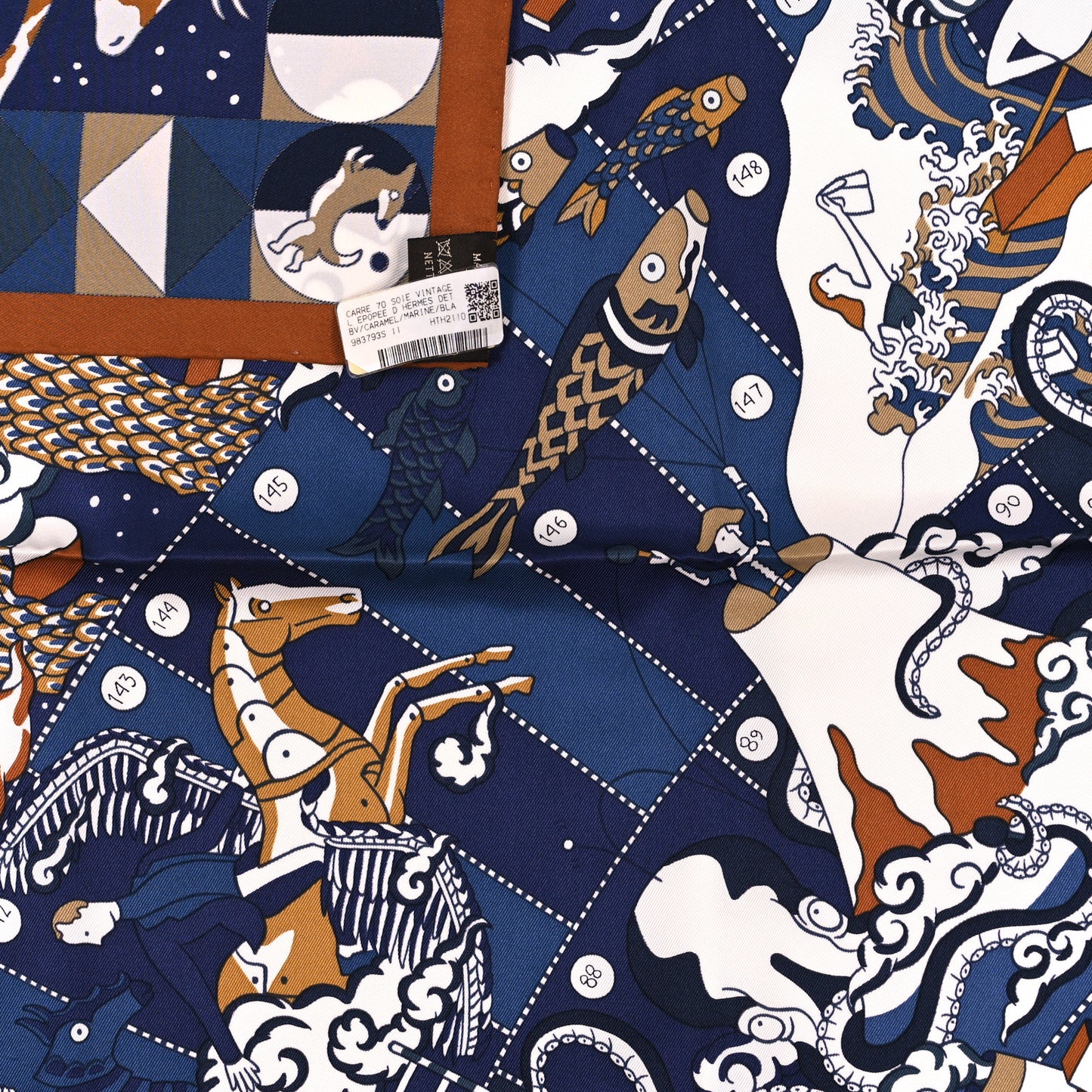 Silk Vintage L Epopee D Hermes Detail Scarf 70 Marine Caramel White