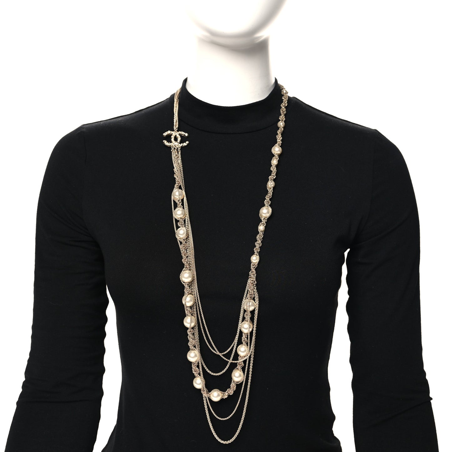 Pearl Multi Chain Braided Crystal CC Long Necklace  Gold