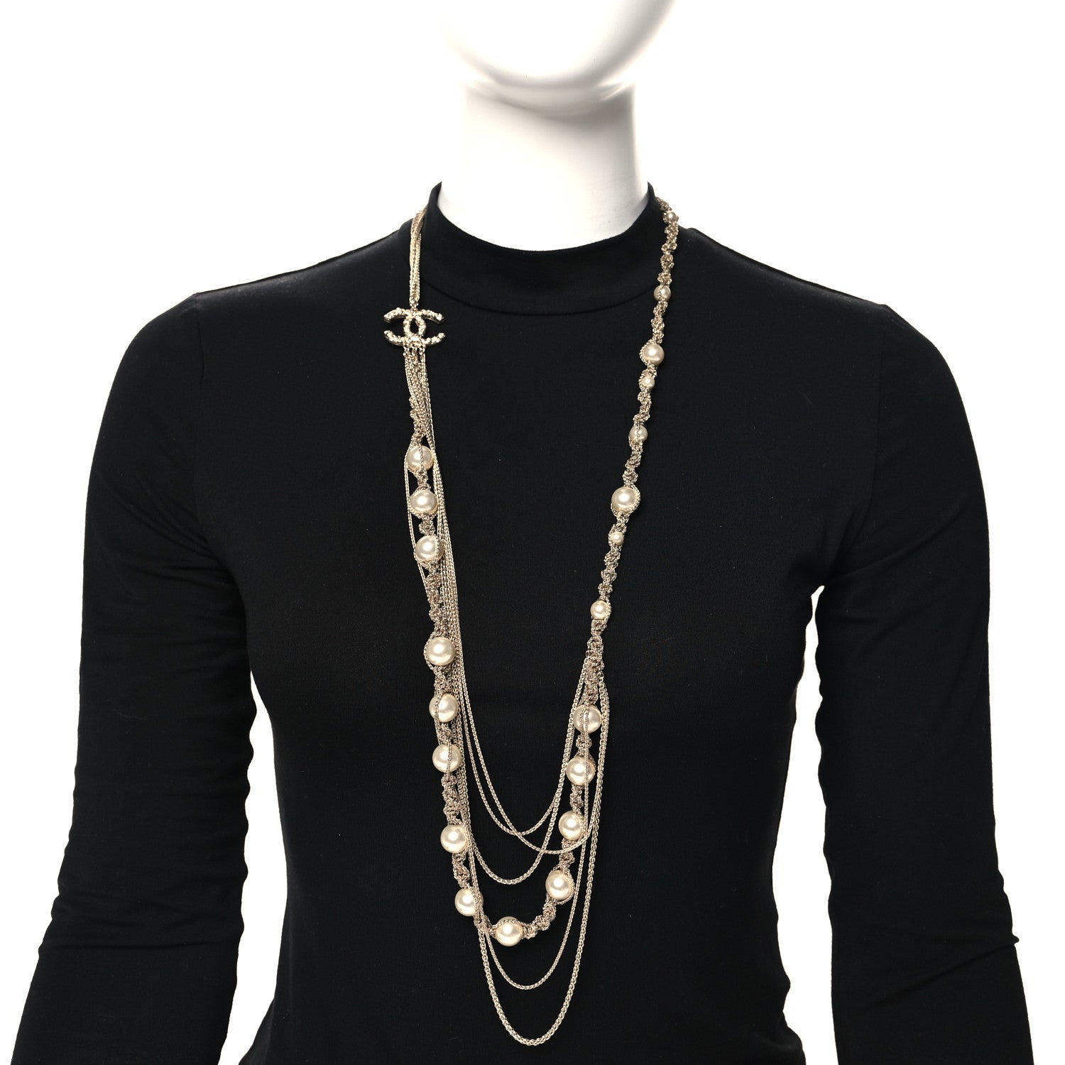 Chanel Pearl Multi Chain Braided Crystal CC Long Necklace  Gold 2 of 5