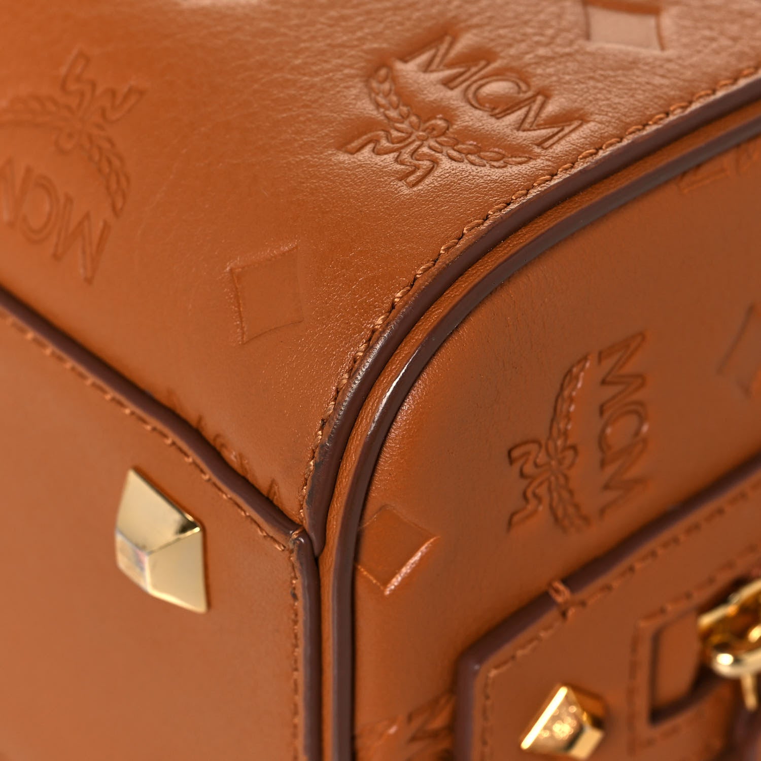 MCM Calfskin Ottomar Monogram Essential Boston Bag Cognac 12 of 14