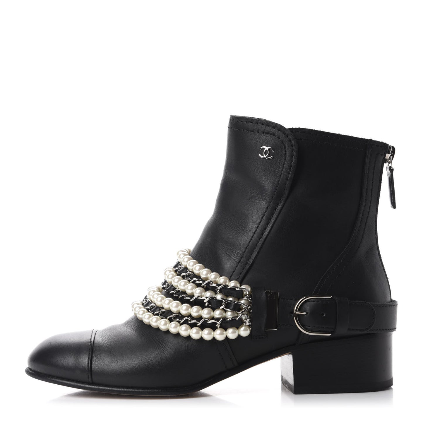 Calfskin Pearl Cap Toe Short Boots 37.5 Black