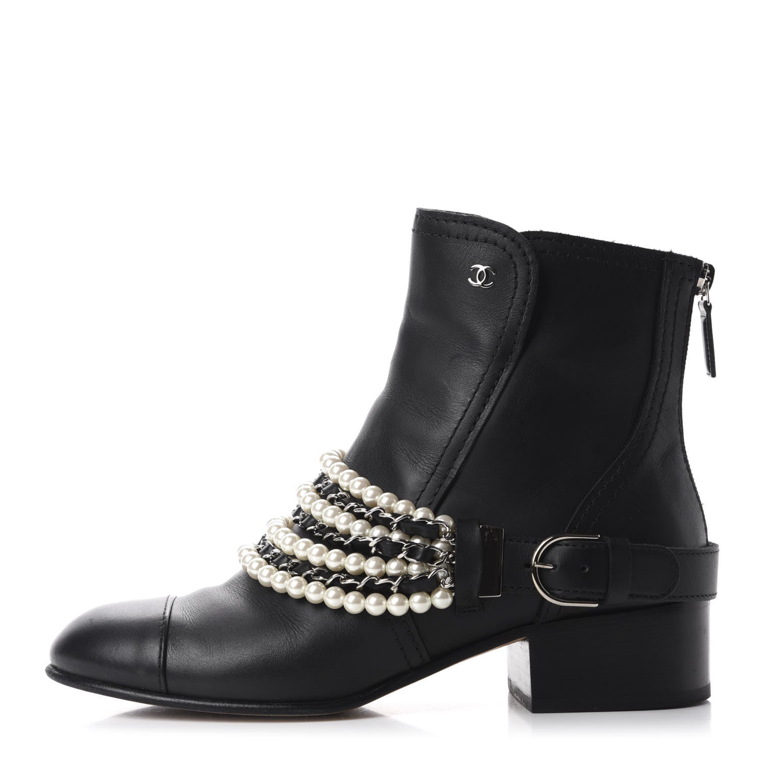 Chanel Calfskin Pearl Cap Toe Short Boots 37.5 Black 1 of 11