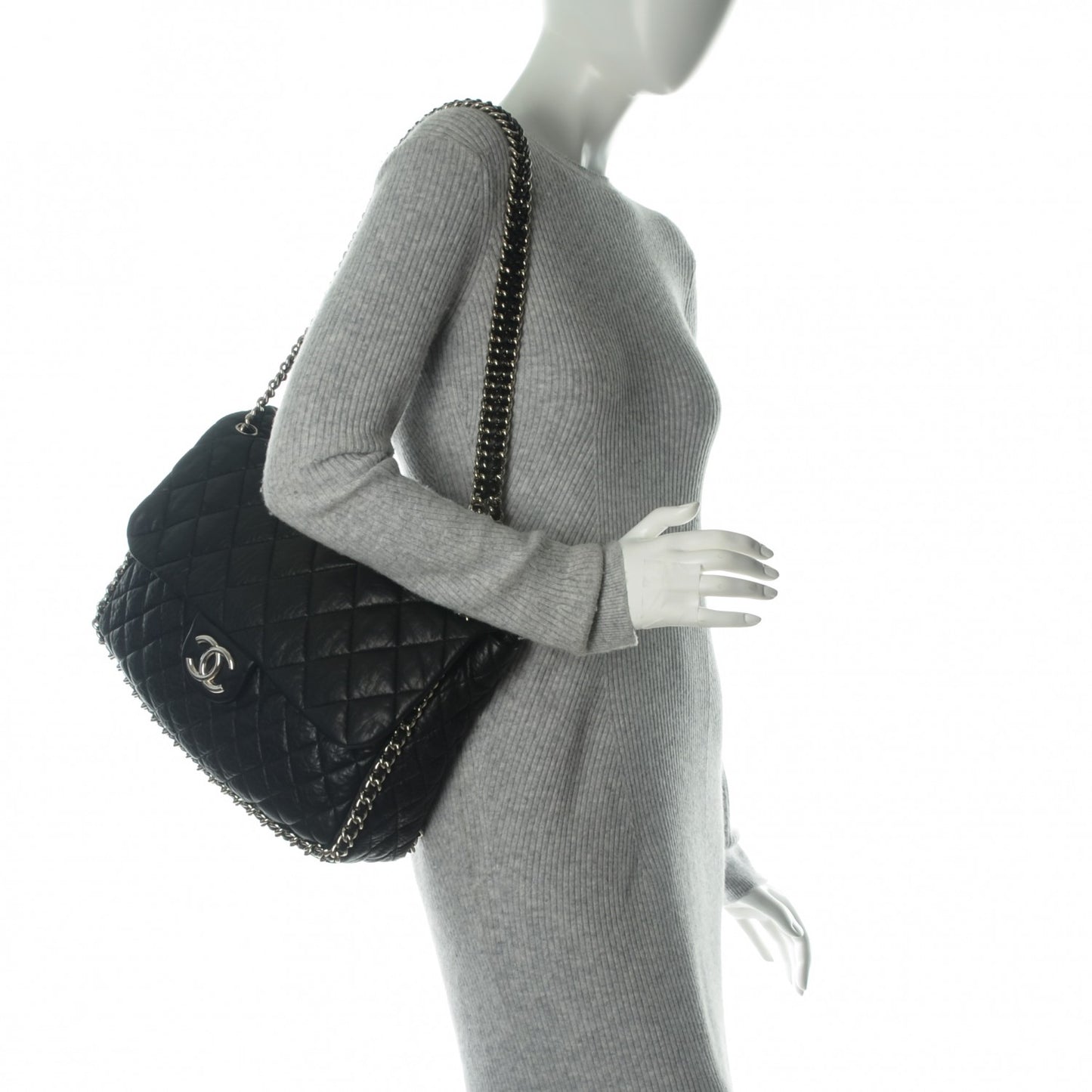 Washed Lambskin Quilted Maxi Chain Around Flap Black
