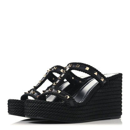 Valentino Garavani Calfskin Rockstud Torchon Espadrille Caged 25/95mm Wedge Sandals 39 Black 4 of 7