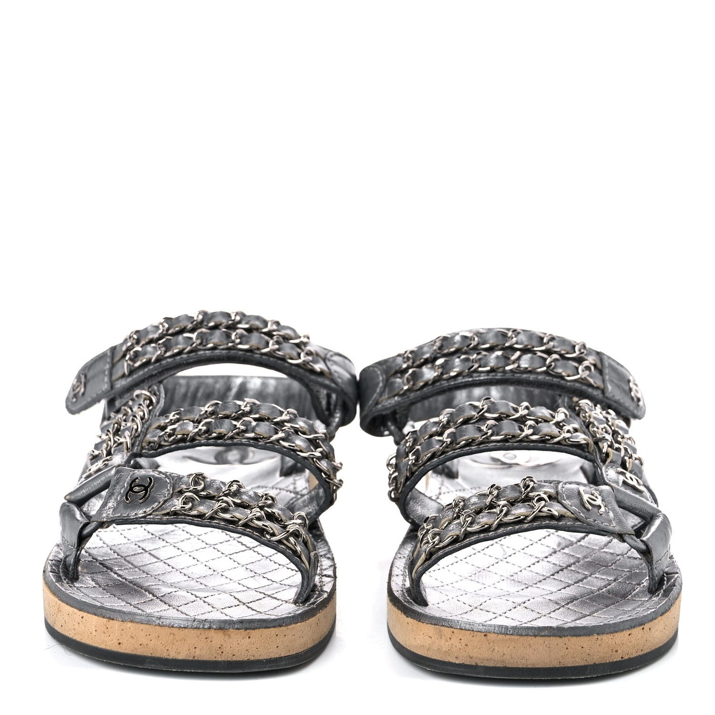 Metallic Lambskin Chain Flat Sandals 35 Silver