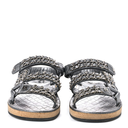 Chanel Metallic Lambskin Chain Flat Sandals 35 Silver 2 of 17