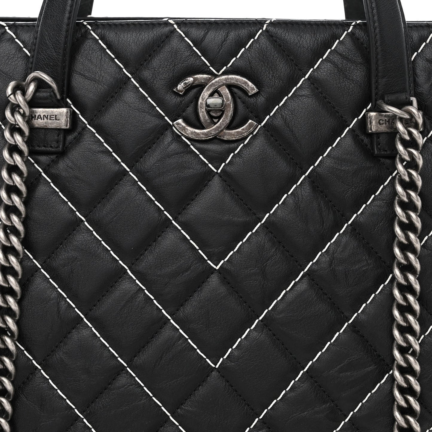 Calfskin Chevron Stitched Shopping Tote Black