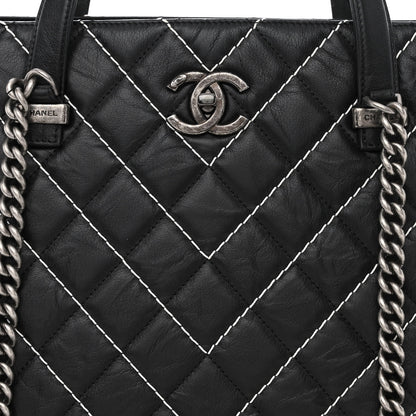 Chanel Calfskin Chevron Stitched Shopping Tote Black 8 of 10