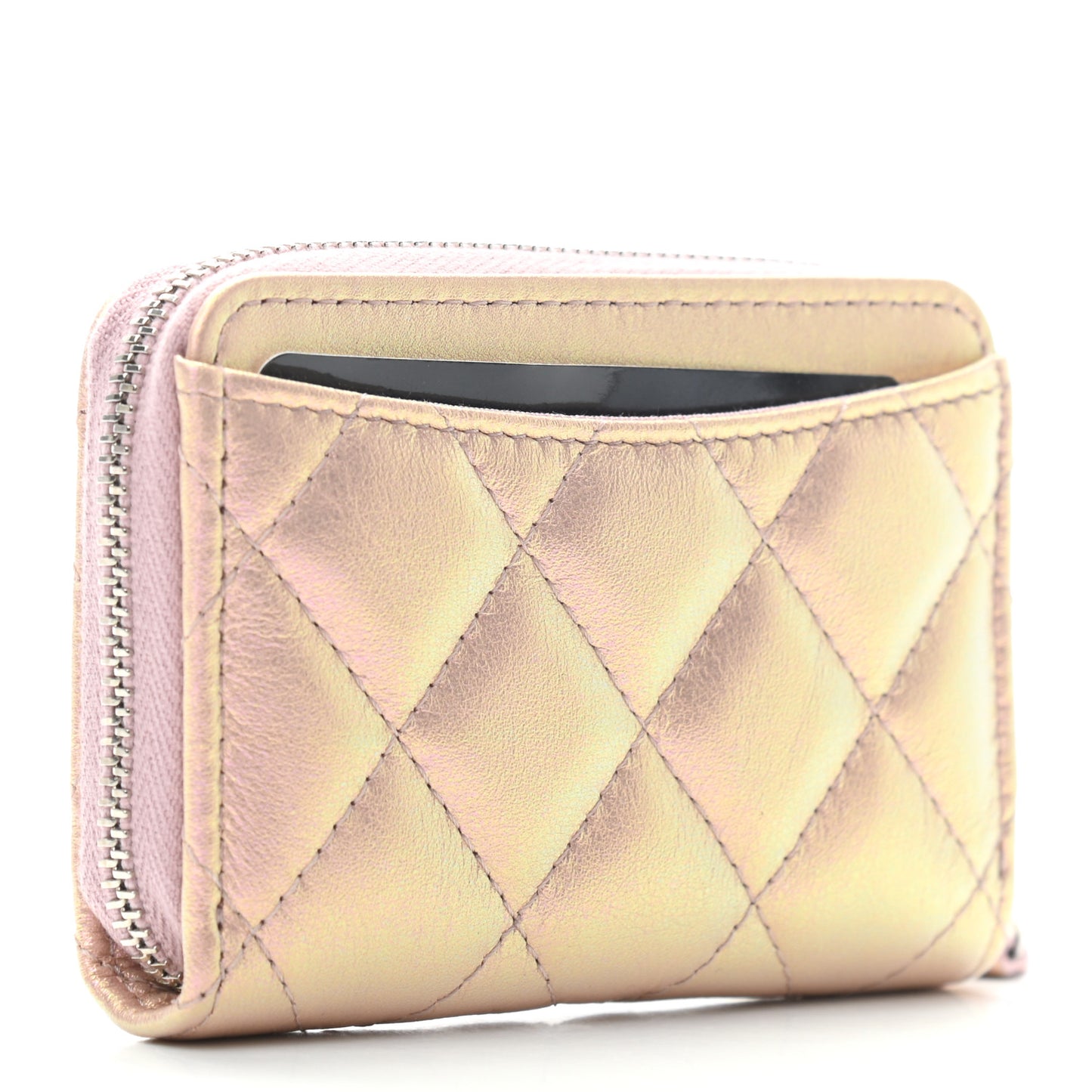 Metallic Calfskin Quilted Zip Around Coin Purse Wallet Pink
