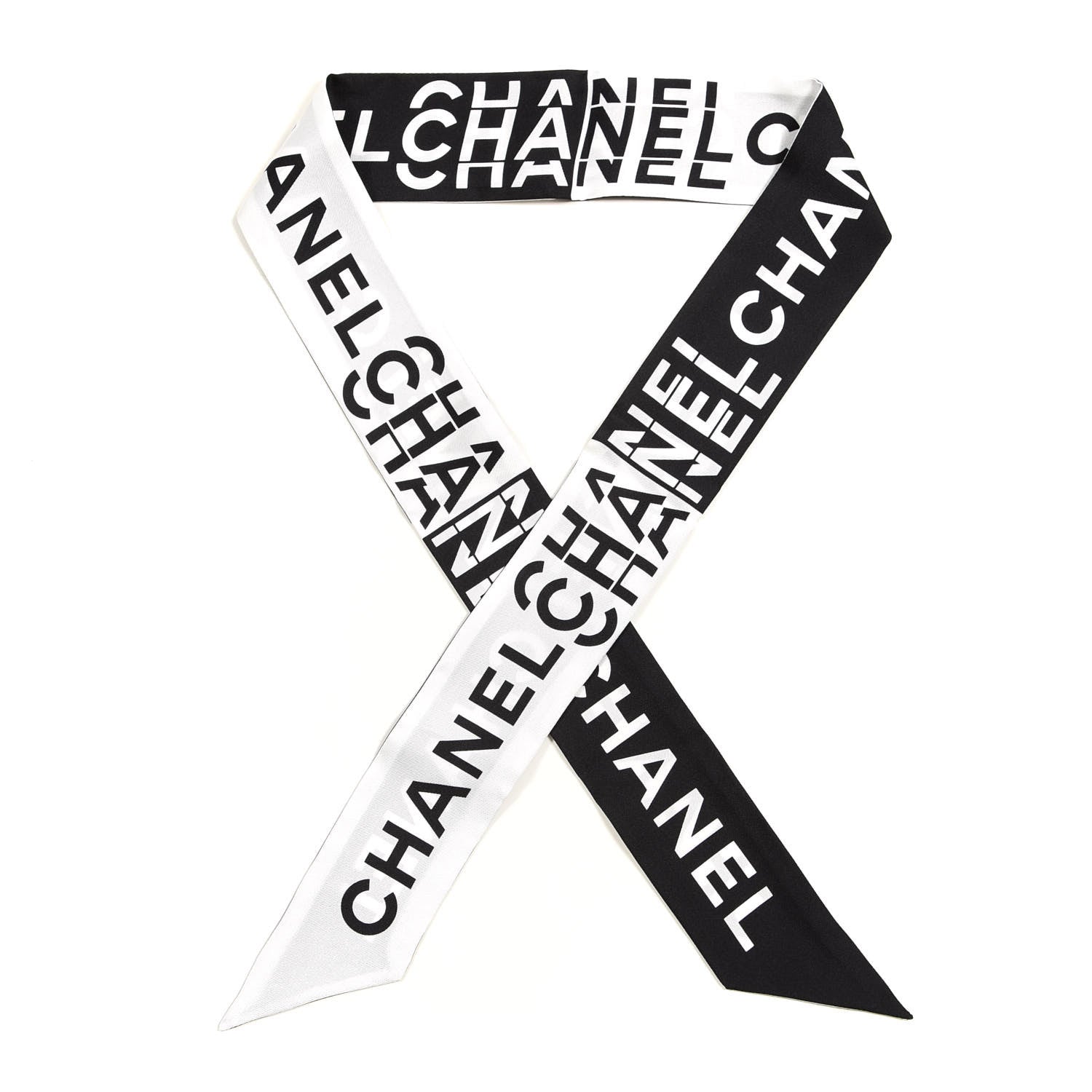 Chanel Silk Logo Slim Bandeau Scarf Black White 1 of 4
