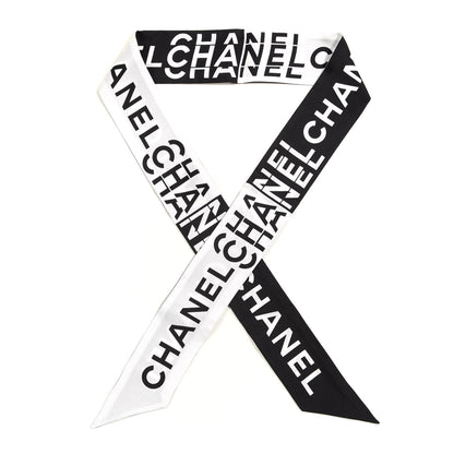 Chanel Silk Logo Slim Bandeau Scarf Black White 1 of 4