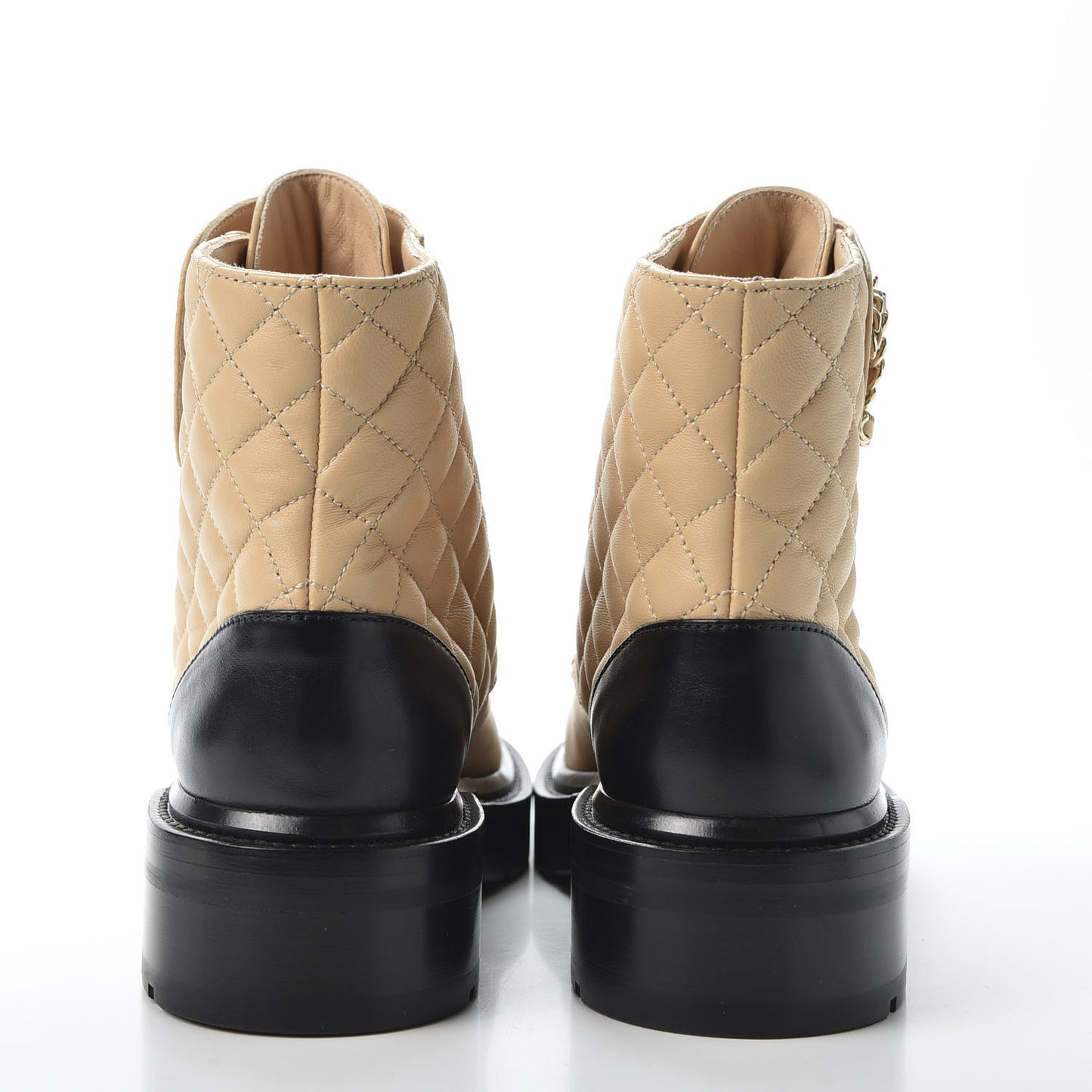 Lambskin Calfskin Quilted Lace Up Combat Boots 36.5 Beige Black