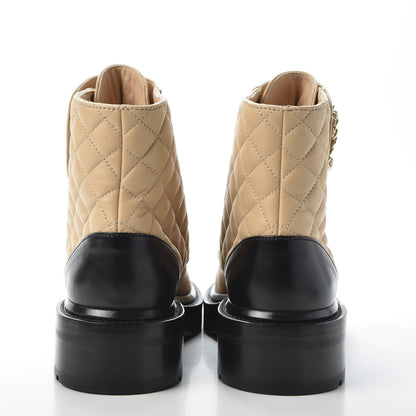 Chanel Lambskin Calfskin Quilted Lace Up Combat Boots 36.5 Beige Black 6 of 11
